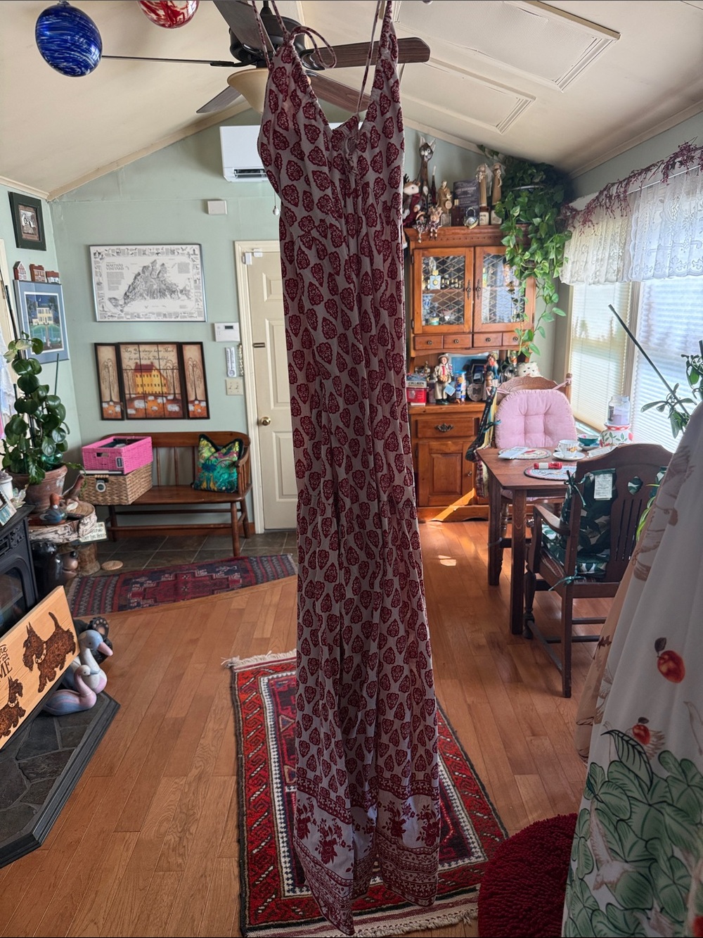 Leaf-Print Maxi Dress in Burgundy and Ivory
